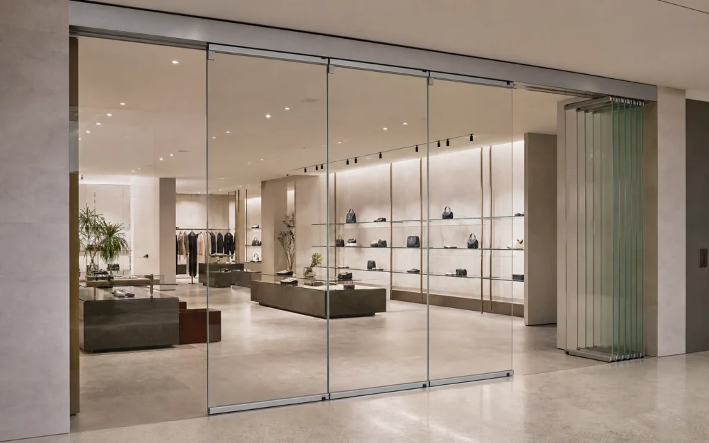 Top-hung frameless single-glazed movable glass wall with side parking in a retail showroom