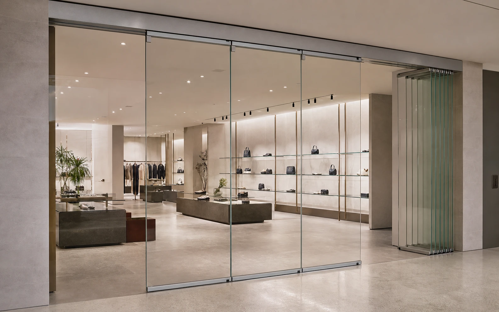 Top-hung frameless single-glazed movable glass wall with side parking in a retail showroom