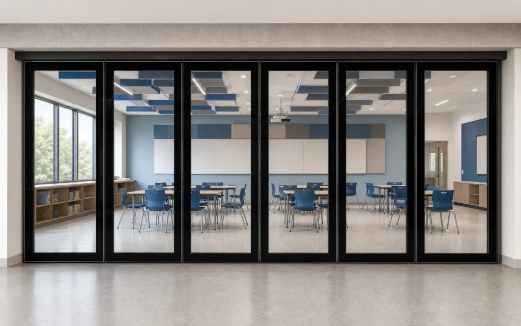 Top-hung framed double-glazed movable glass wall in a school training room