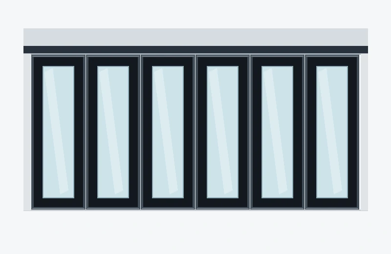 Technical illustration of a top-hung movable glass wall in the closed position