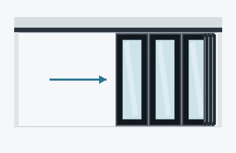 Technical illustration of movable glass panels moving along an overhead track
