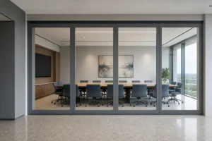 Completed boardroom with a framed movable glass wall meeting a level finished floor without a floor track