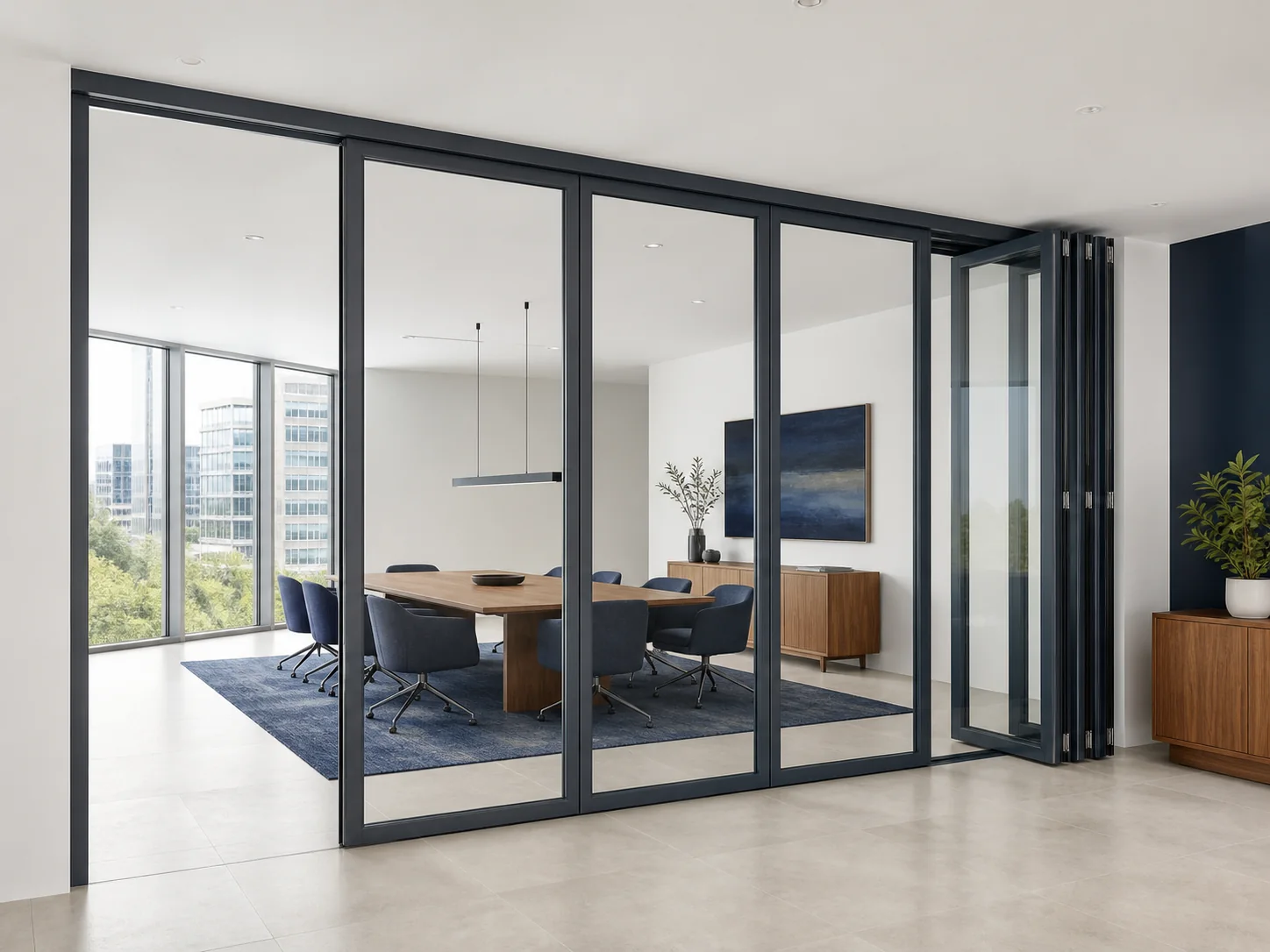 Four-sided framed double-glazed movable glass wall dividing a bright meeting room