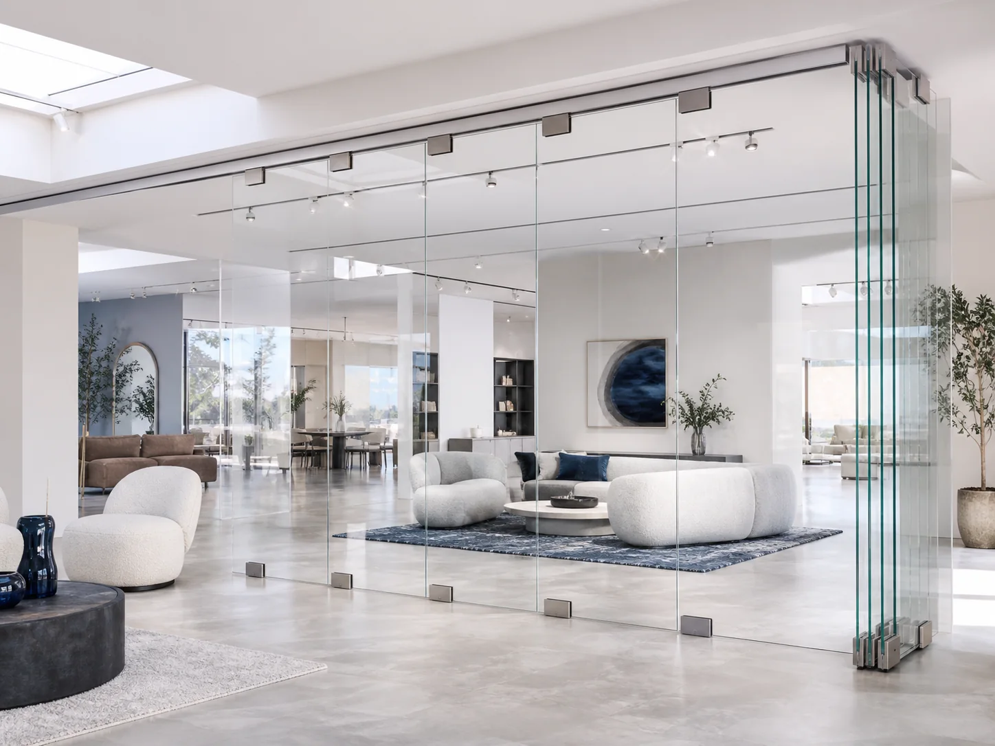 Frameless movable glass panels with matching upper and lower clamps in a showroom