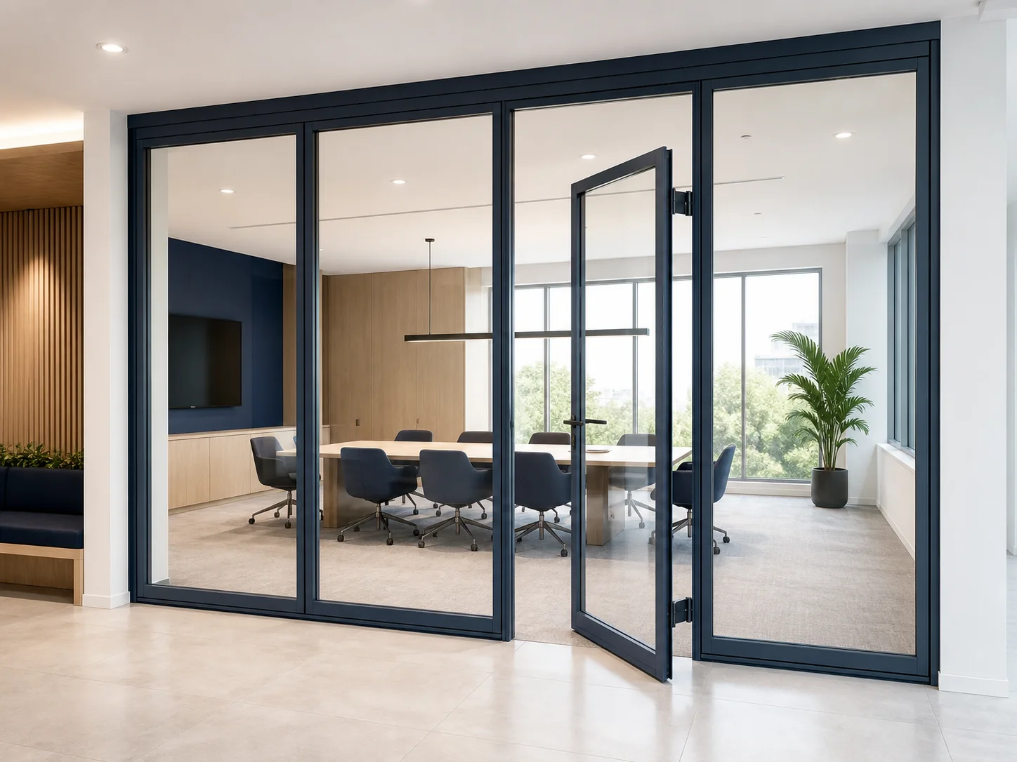 Integrated pass door within a framed movable glass wall