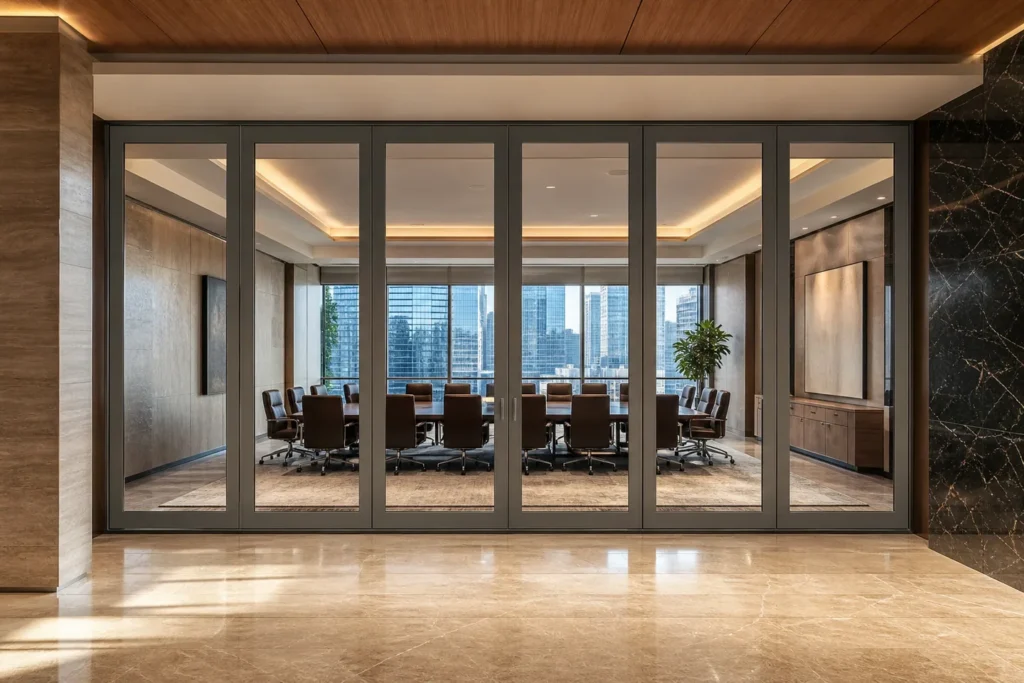Framed double-glazed movable glass partition in a spacious meeting room