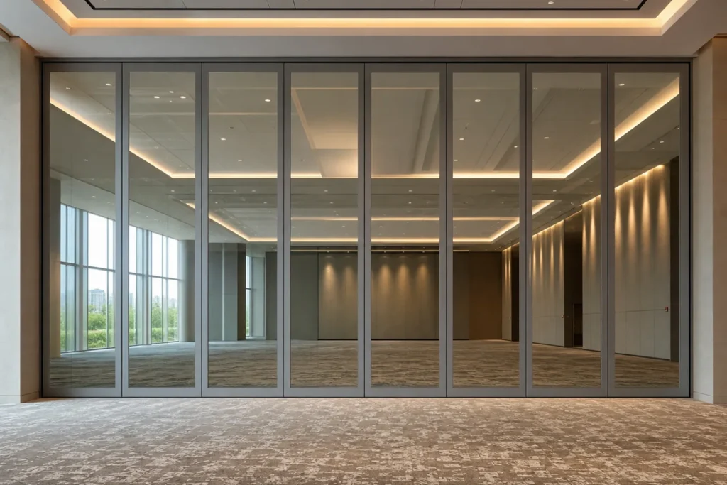 Movable glass partition track and parking principles