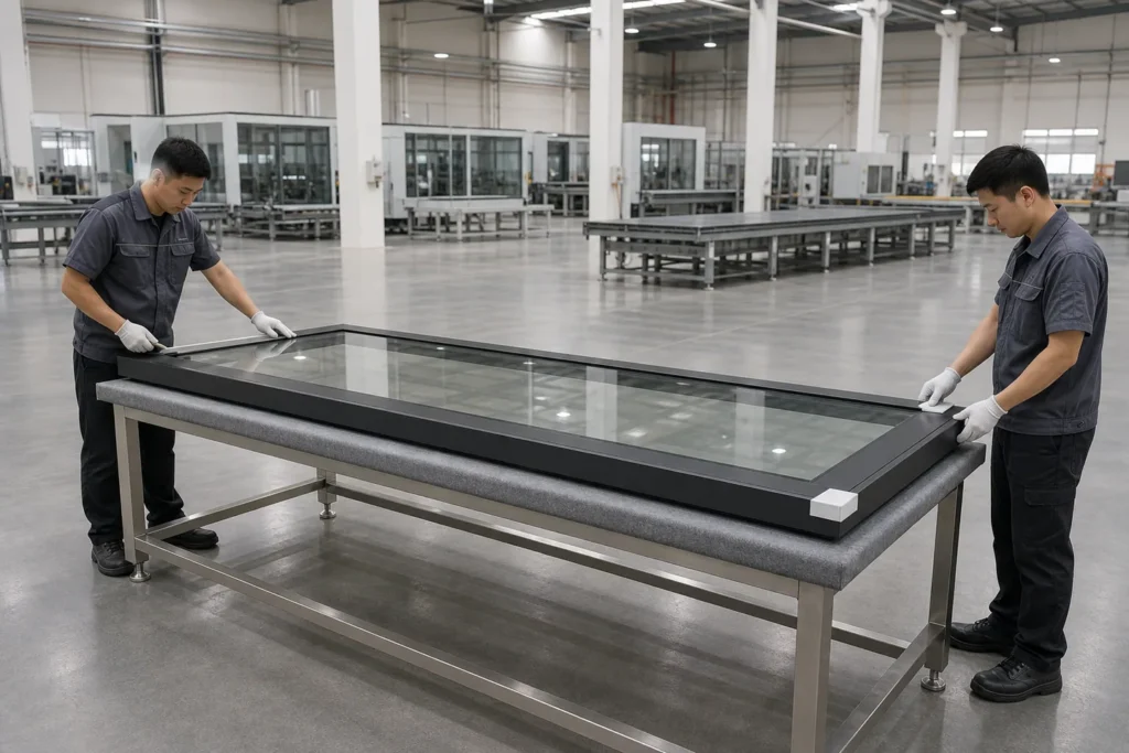 Full-size movable glass partition panel alignment inspection