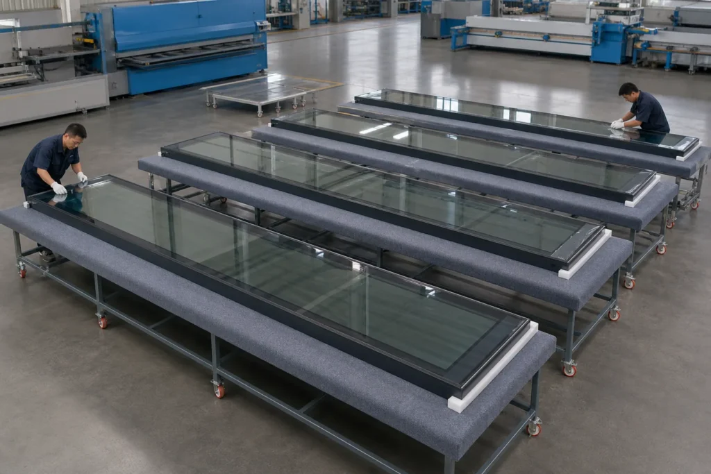 Full-size movable glass partition panels prepared through production and QC