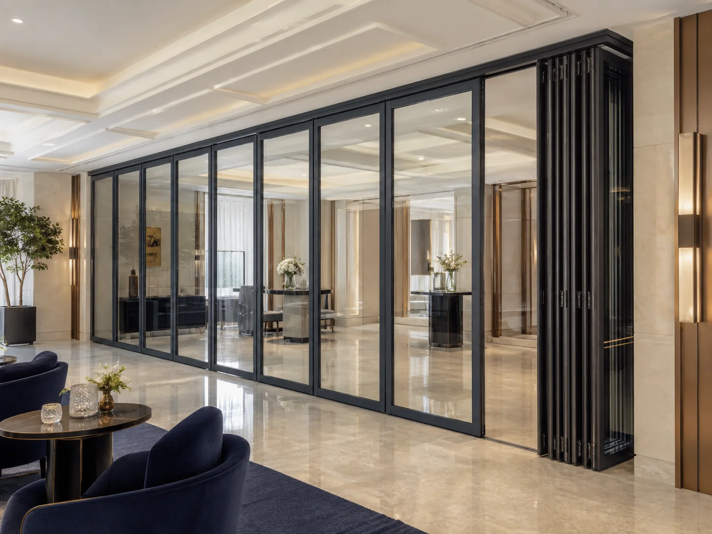 Framed movable glass wall in an original hotel conference application visualization