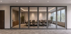 Completed secure collaboration suite with a framed movable glass wall and separate solid-wall entry