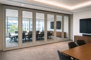 Completed presentation suite with a framed movable glass wall and a display on an adjacent solid wall