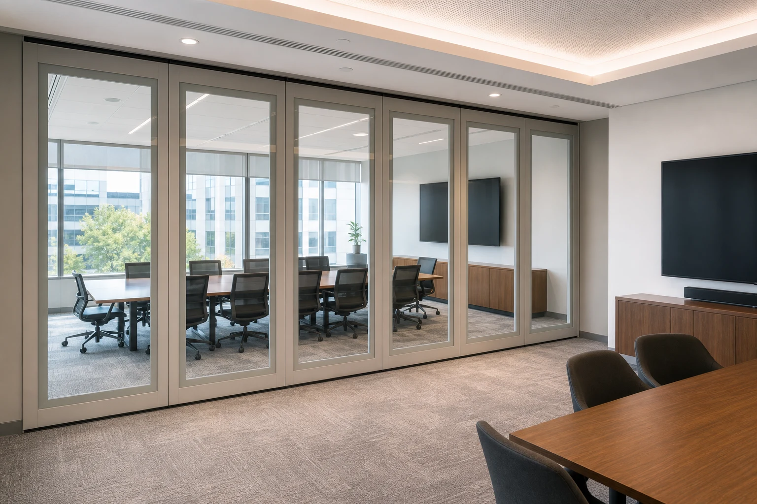 How to Coordinate AV Equipment with a Movable Glass Wall — opening application view explanatory EBUNGE movable glass wall concept