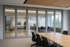 Completed corporate meeting room with a framed movable glass wall and practical finishes