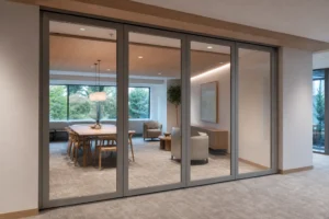 Completed office lounge with clear access around a framed movable glass wall