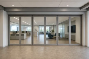 Completed office movable glass wall coordinated beneath a structural beam and finished ceiling