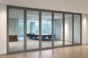 Completed office project room with a framed movable glass wall aligned to finished interfaces