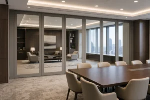 Completed executive boardroom and lounge divided by a closed framed movable glass wall