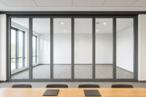 Completed project room showing a full wall-to-wall framed movable glass wall opening