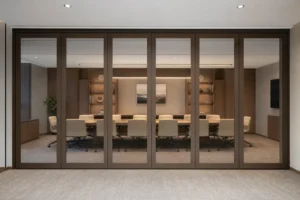 Executive meeting room with a bronze framed movable glass wall and matching painted glass borders