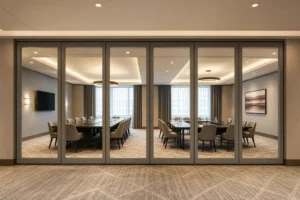Completed hotel conference suite divided into two meeting zones by a framed movable glass wall