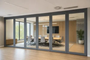 Completed office meeting room with HVAC diffusers coordinated clear of a framed movable glass wall track