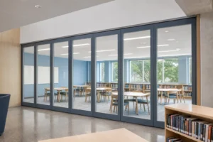Completed library learning commons with a group room behind a framed movable glass wall