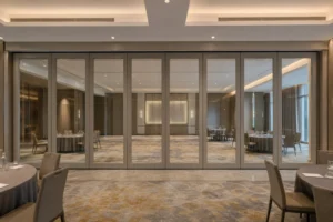 Completed hotel conference room with a closed framed movable glass wall and clear operating area