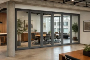 Completed renovated office with a framed movable glass wall coordinated below an existing concrete beam