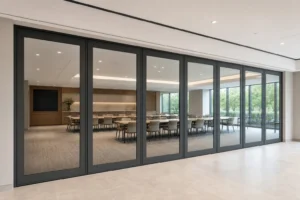 Completed multipurpose room with evenly proportioned framed movable glass wall panels