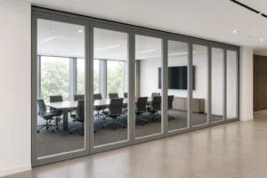 Completed conference suite with a closed framed movable glass wall and clear adjacent circulation
