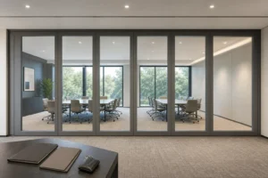 Completed meeting suite prepared for handover with a closed framed movable glass wall