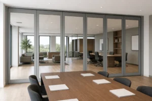 Completed coordination meeting room with a framed movable glass wall and blank project folders
