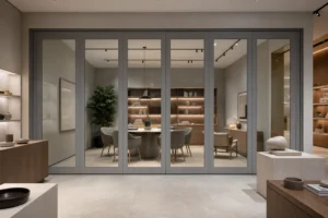 Completed retail showroom with a consultation area behind a framed movable glass wall