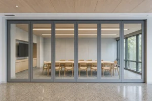 Completed civic meeting room with a framed double-glazed movable glass wall