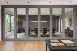 Completed design review room with a framed movable glass wall and unlabelled finish samples
