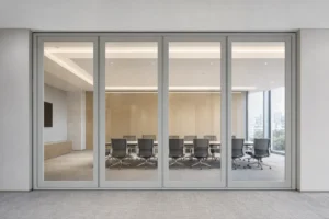 Completed meeting room showing framed movable glass wall closures against both side walls