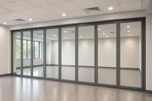 Completed flexible training suite showing the full opening around a framed movable glass wall
