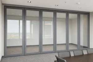 Completed office ceiling with sprinklers and detector coordinated clear of a framed movable glass wall track