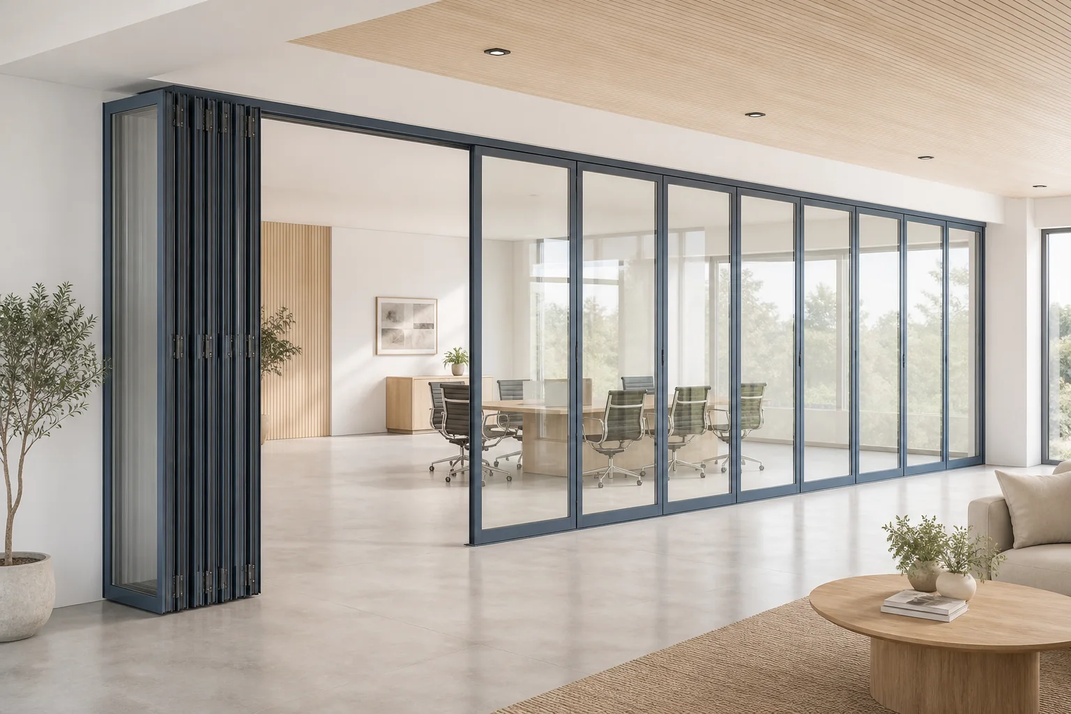 Framed movable glass wall shown aligned with a compact side parking stack
