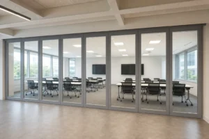 Completed flexible training center divided by a framed movable glass wall