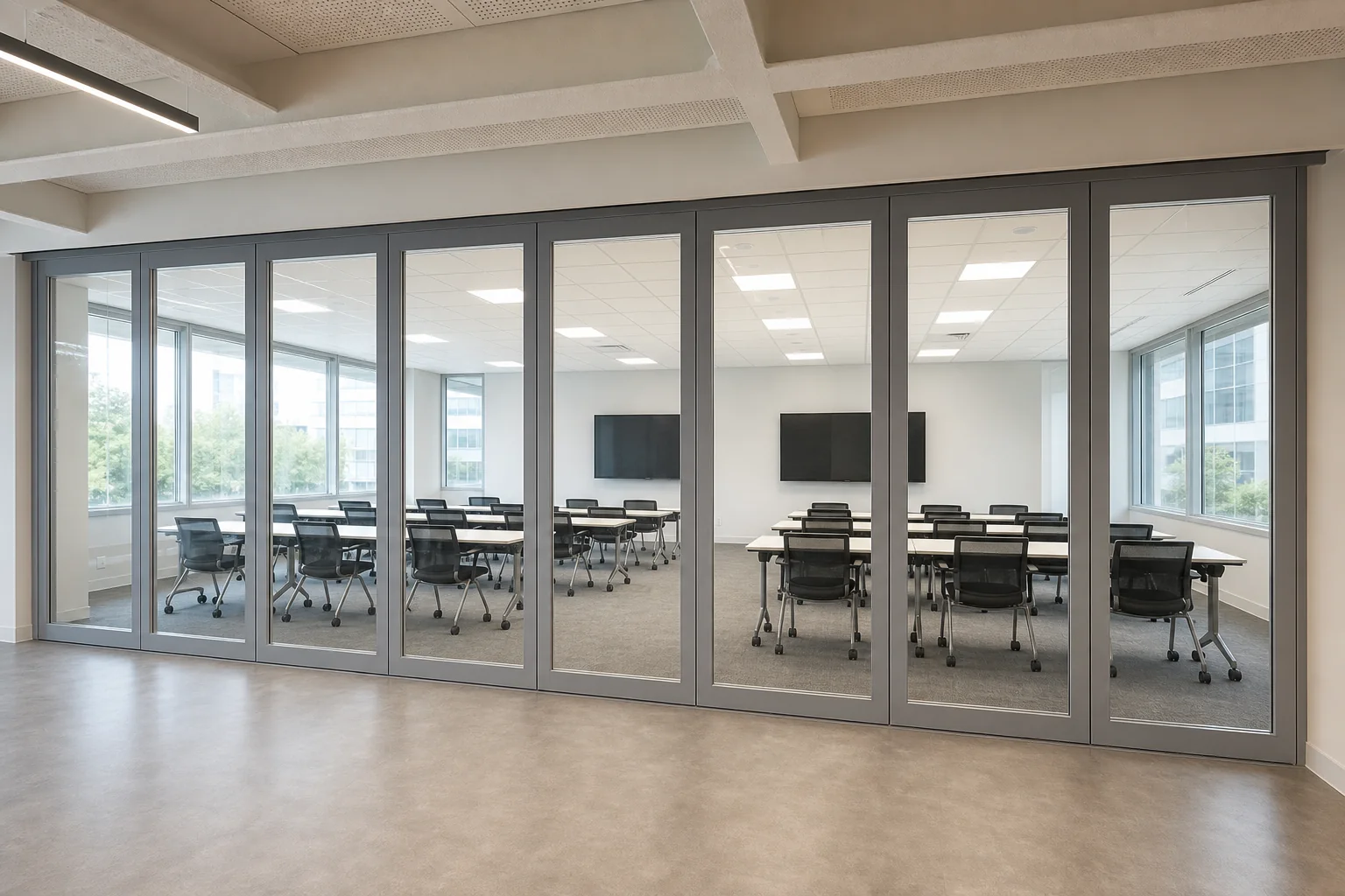Flexible Training Room Planning with Movable Glass Walls — opening application view explanatory EBUNGE movable glass wall concept