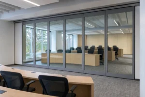 Completed university seminar suite divided by a framed movable glass wall