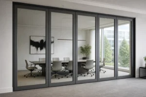 Completed office meeting room with a framed double-glazed movable glass wall