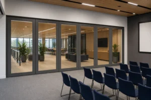 Completed workplace town hall room with seating beside a closed framed movable glass wall