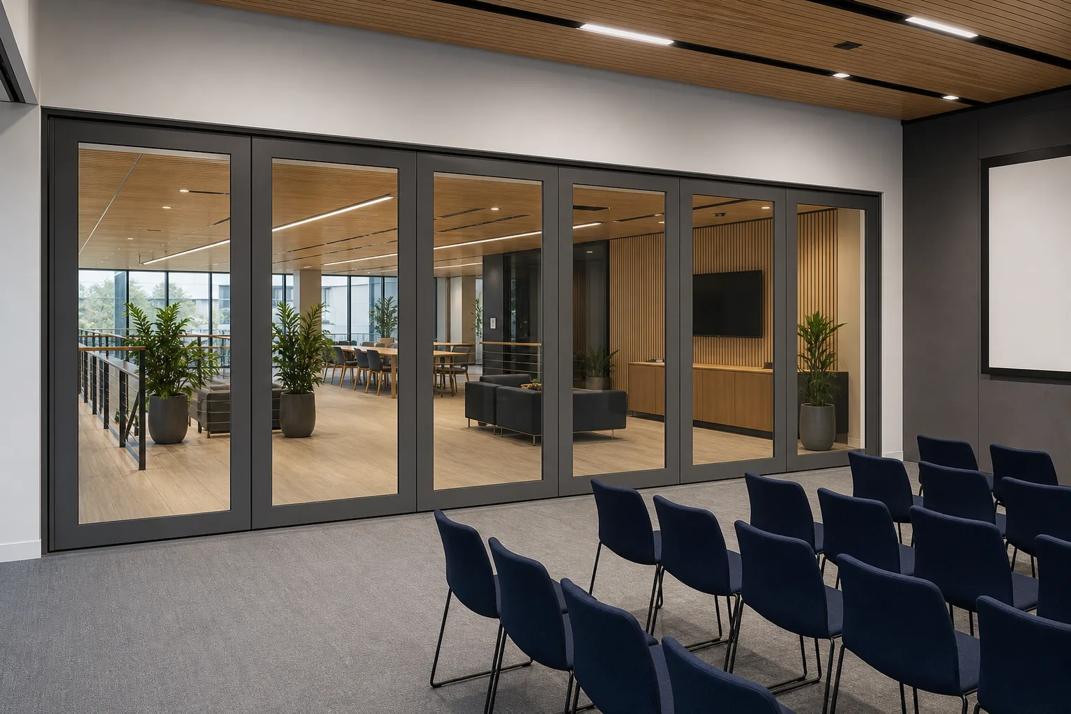 How to Plan a Movable Glass Wall for a Workplace Town Hall — opening application view explanatory EBUNGE movable glass wall concept