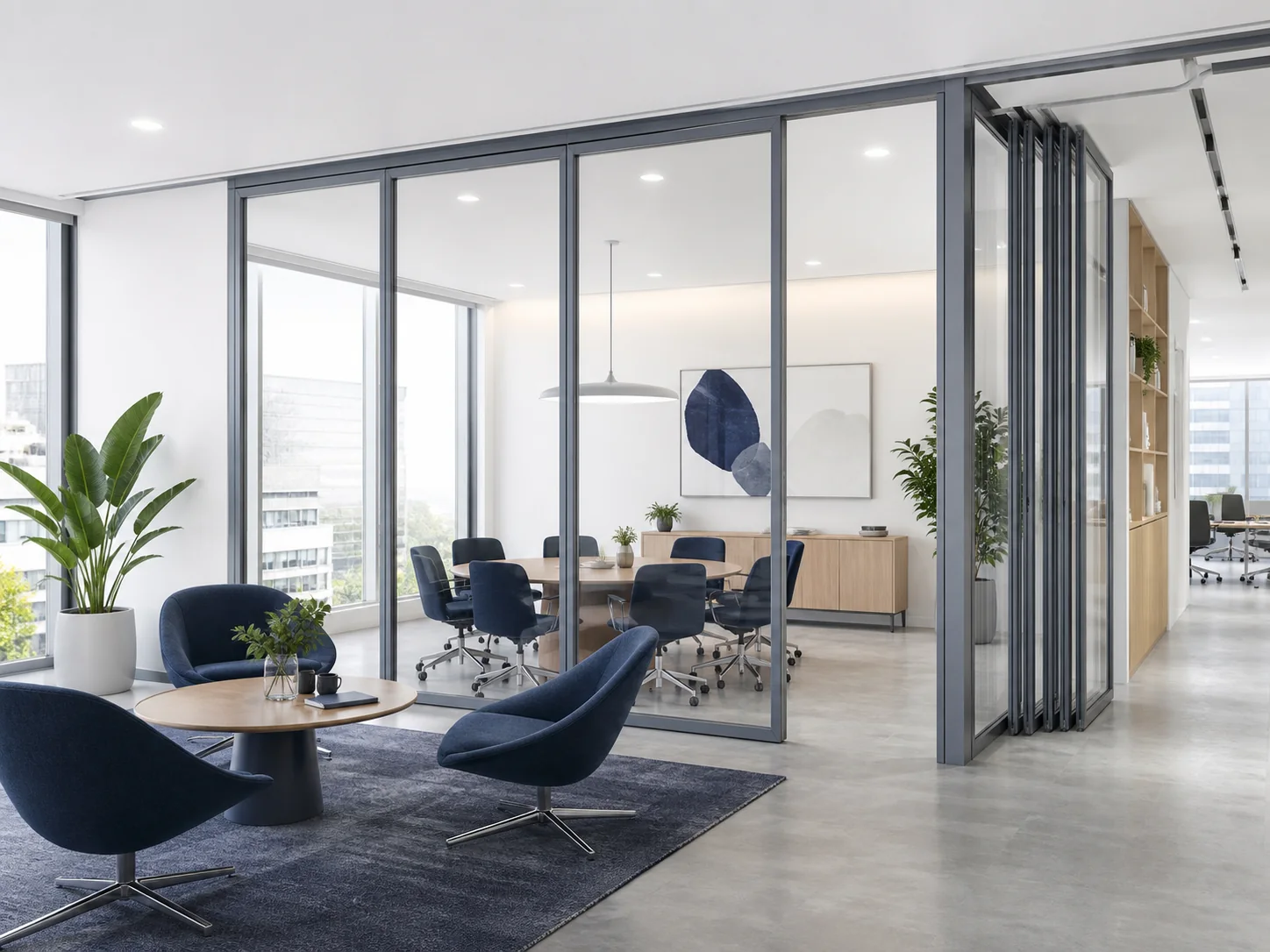 Movable glass partition creating flexible office and meeting zones