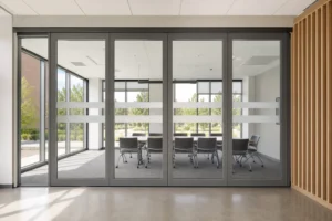 Completed training room with subtle horizontal visibility bands on a framed operable glass wall