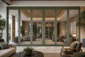 Completed hotel lobby lounge divided by a sage green framed movable glass wall