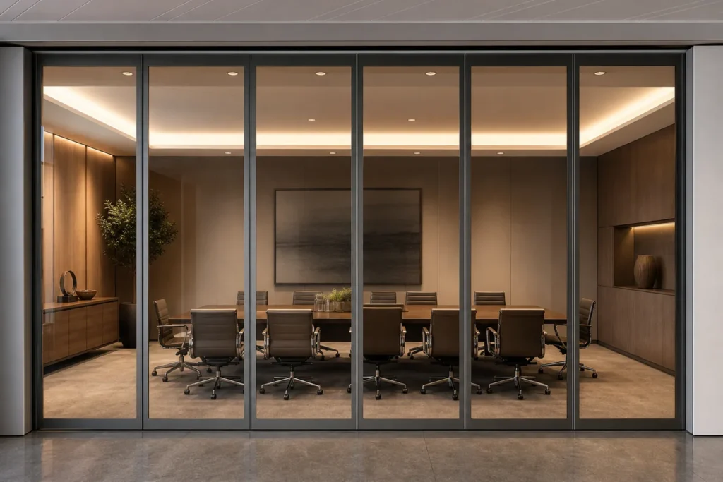 Movable glass partition for adaptable privacy